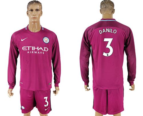 Manchester City #3 Danilo Away Long Sleeves Soccer Club Jersey